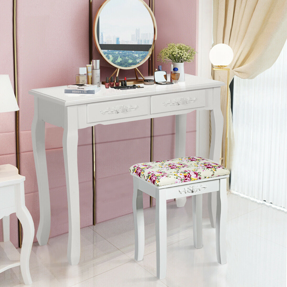 Padded Vanity Stool with Rose Cushion - White