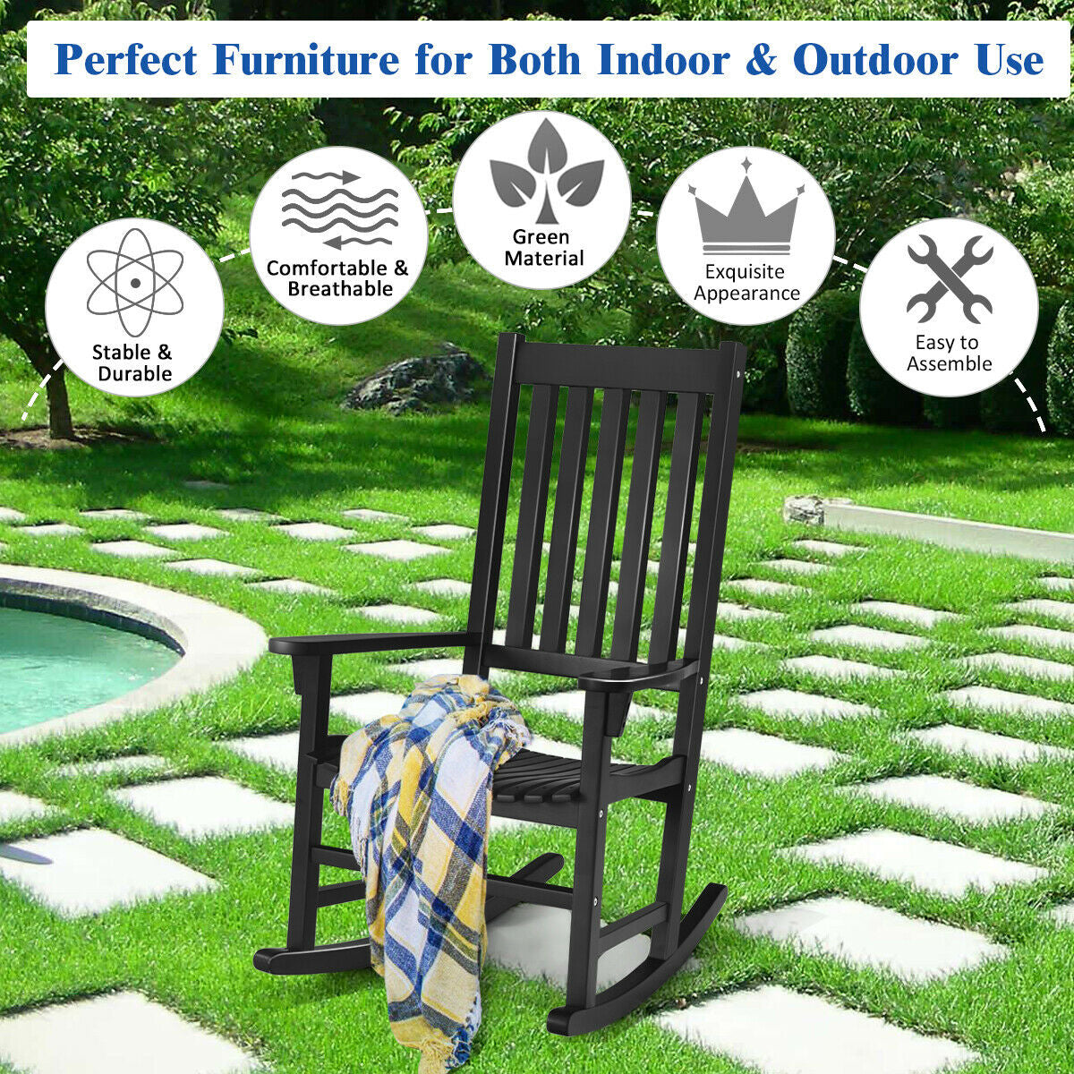 Acacia Wood Rocking Chair with High Back for Patio
