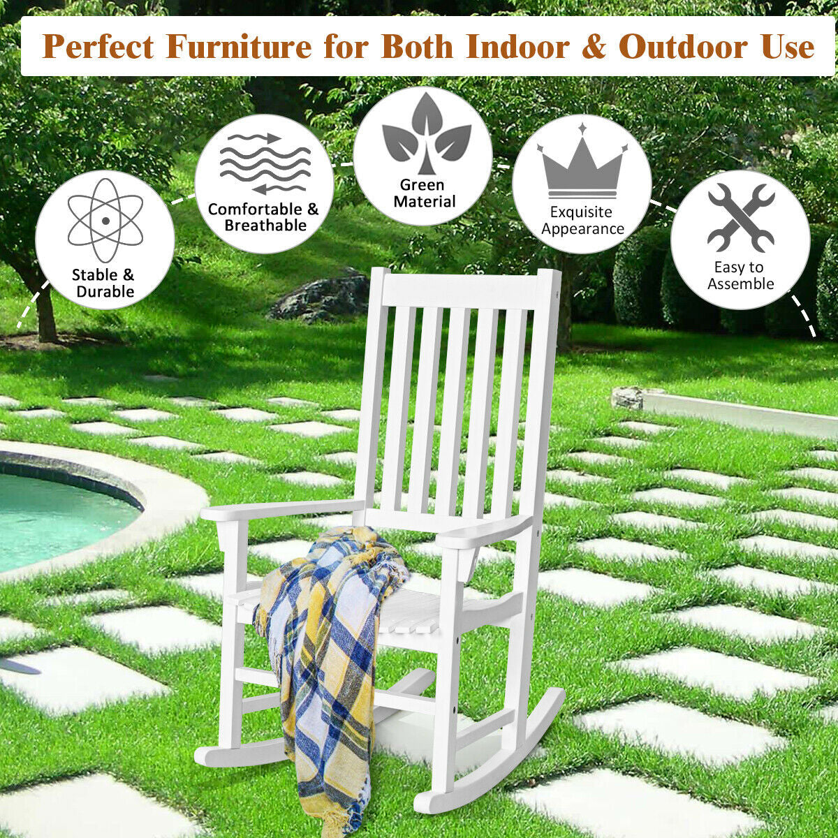 Acacia Wood Rocking Chair with High Back for Patio