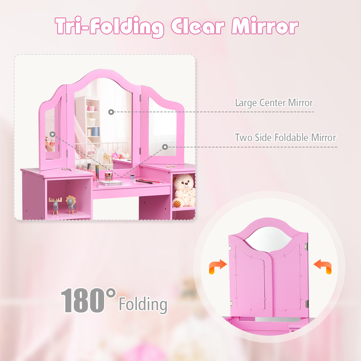 Kids Tri-Folding Mirror Vanity Table Set with Storage