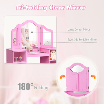 Kids Tri-Folding Mirror Vanity Table Set with Storage