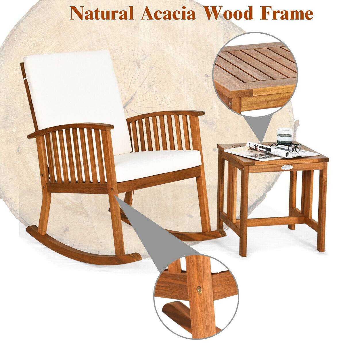 Acacia Wood Patio Rocking Chair Set with Table & Cushions