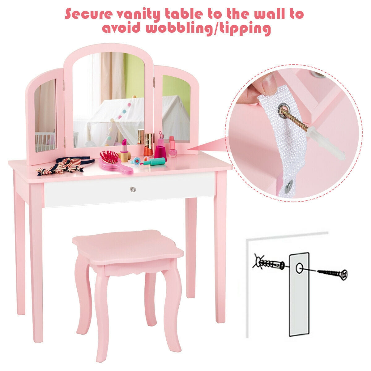 Kids Vanity Table with Tri-Fold Mirror and Chair Set