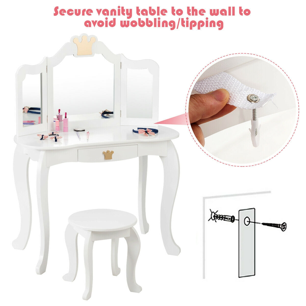 Kids Makeup Vanity Table with Tri-Fold Mirror and Stool