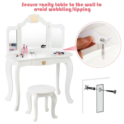 Kids Makeup Vanity Table with Tri-Fold Mirror and Stool