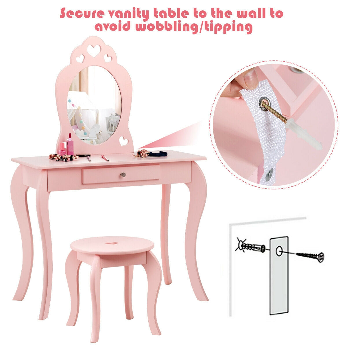 Kids Vanity Table Set with Mirror and Stool