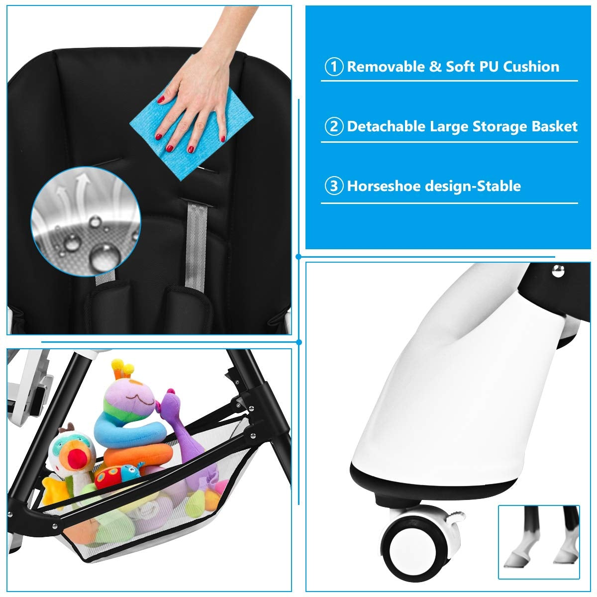 Foldable High Chair with 4 Lockable Wheels and 5-Point Harness