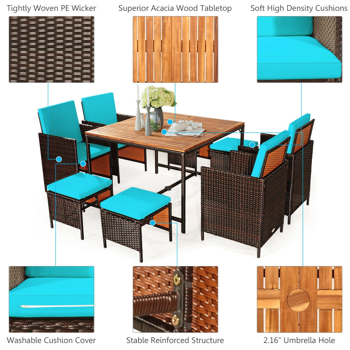 9-Piece Patio Rattan Dining Set with Cushioned Chairs