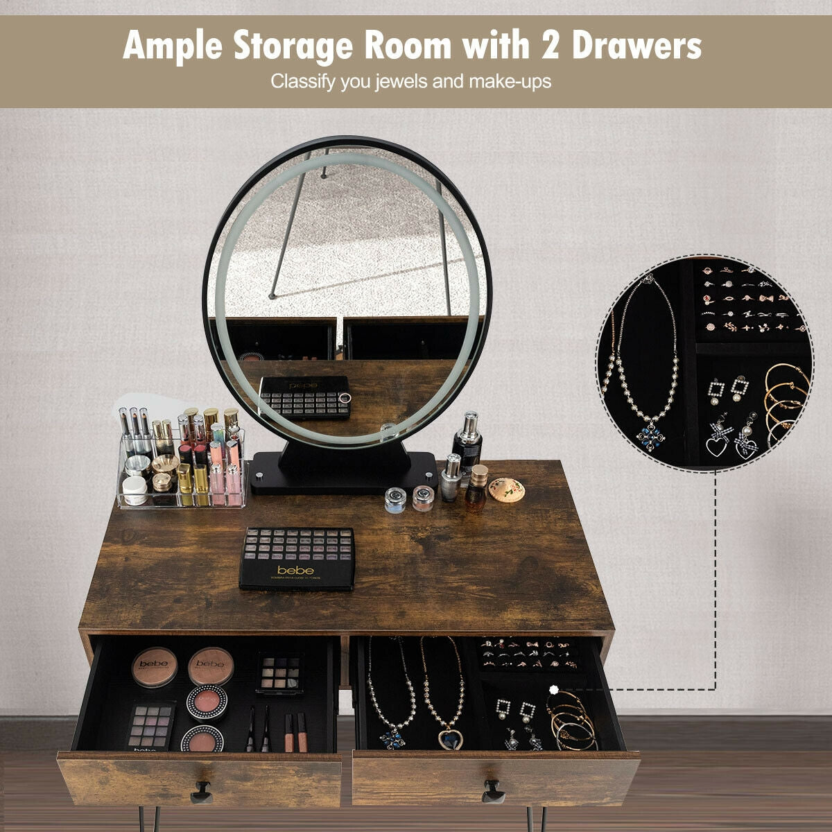 Industrial Makeup Vanity Table with LED Mirror & Stool