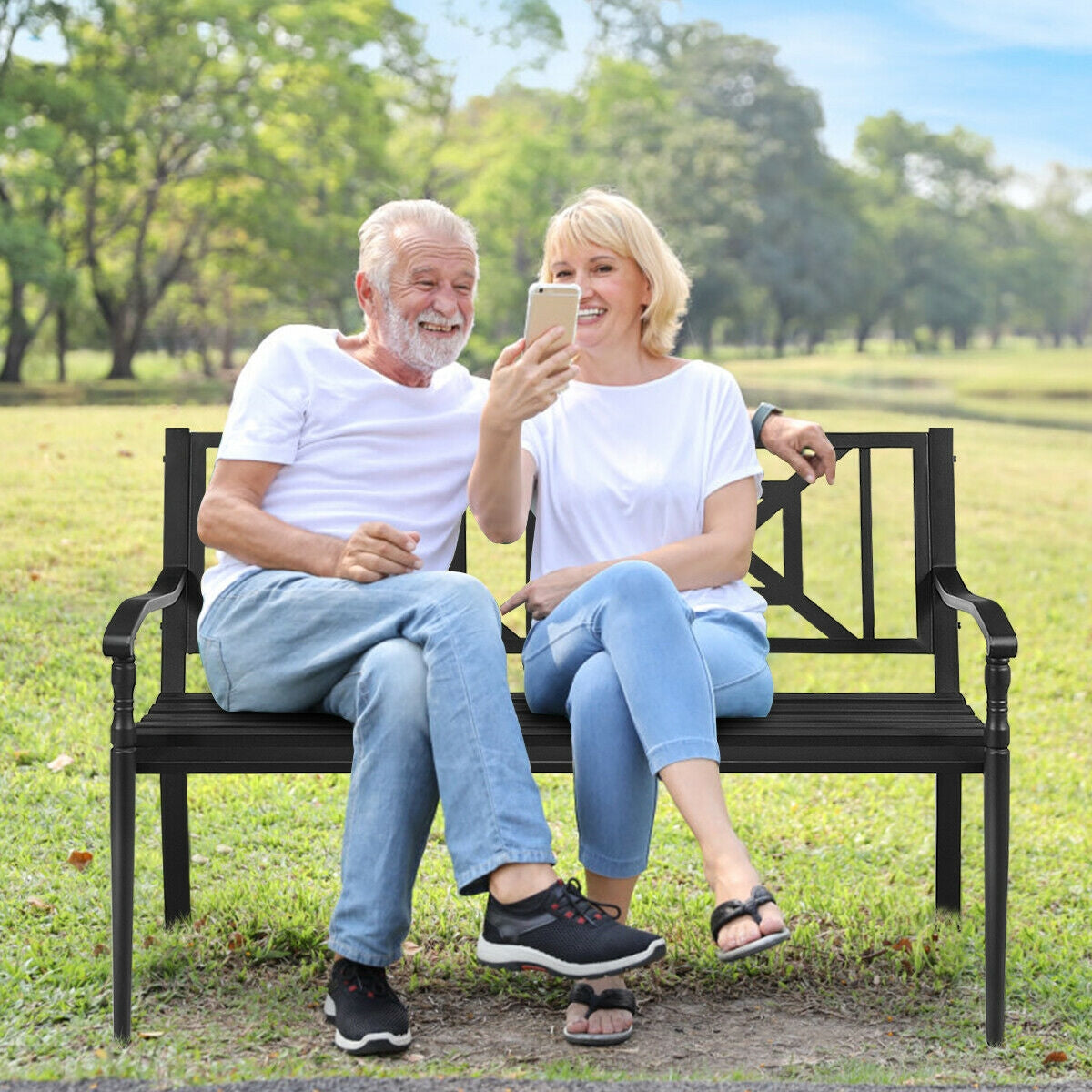 Steel Patio Garden Bench with Armrests - 500 lb Capacity