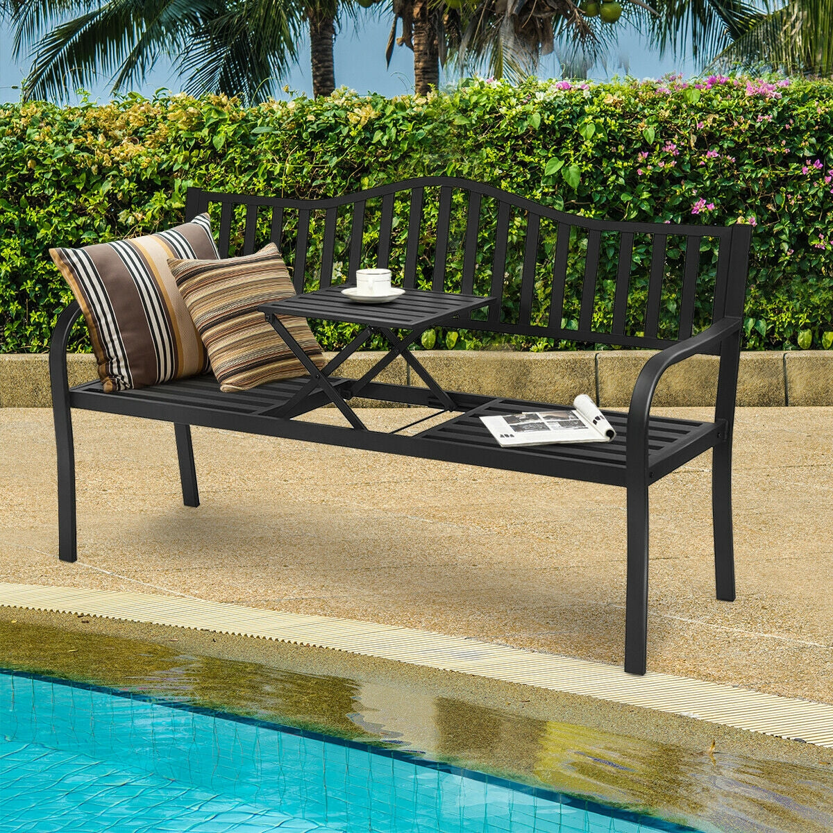Outdoor Garden Bench with Adjustable Center Table - Steel Frame