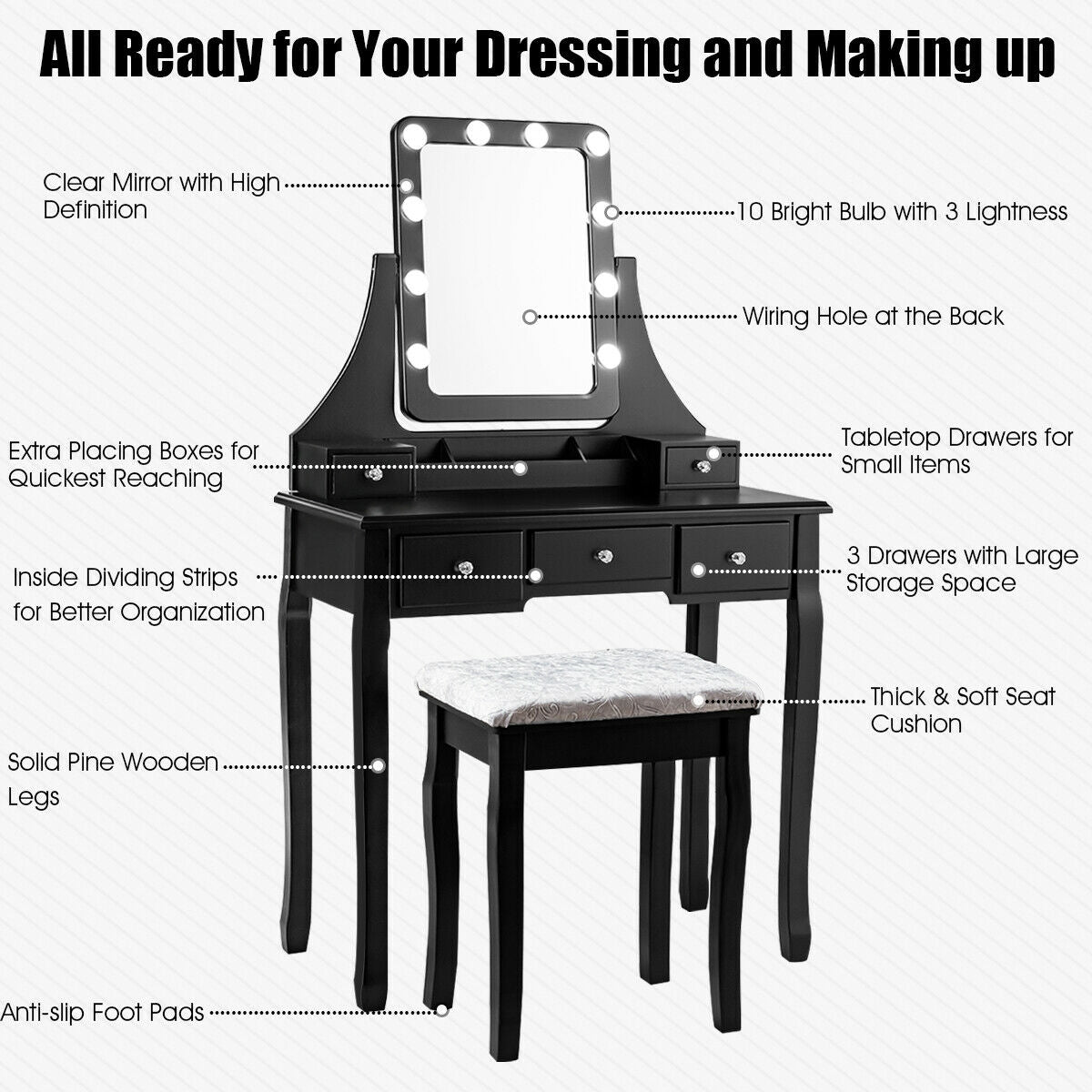 Vanity Dressing Table Set with 10 Dimmable Bulbs & Stool