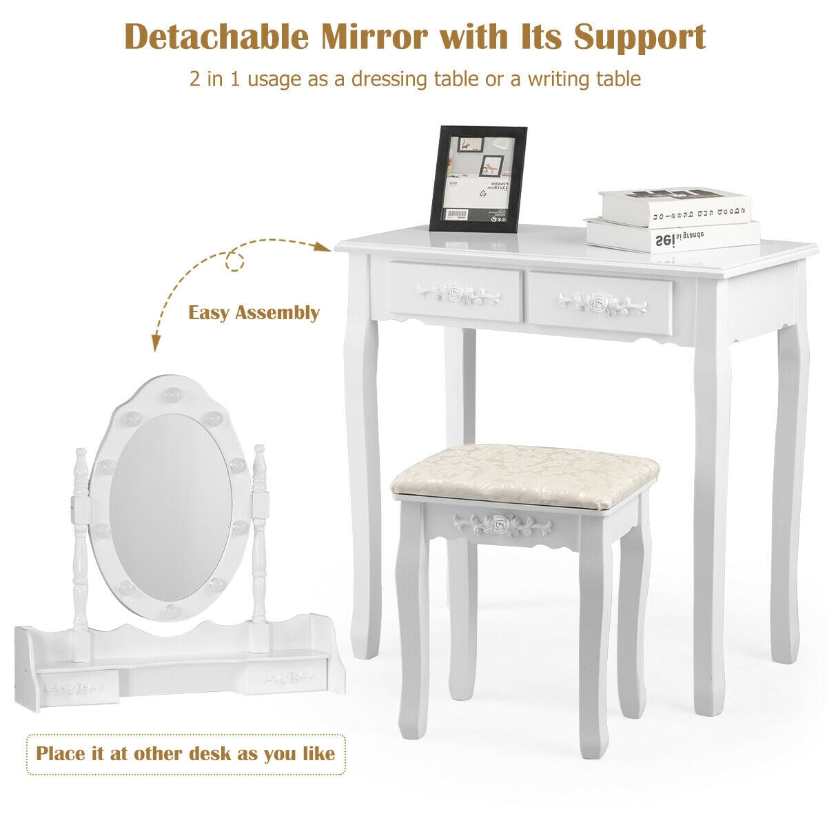 Makeup Vanity Table Set with Dimmable Bulbs & Cushioned Stool