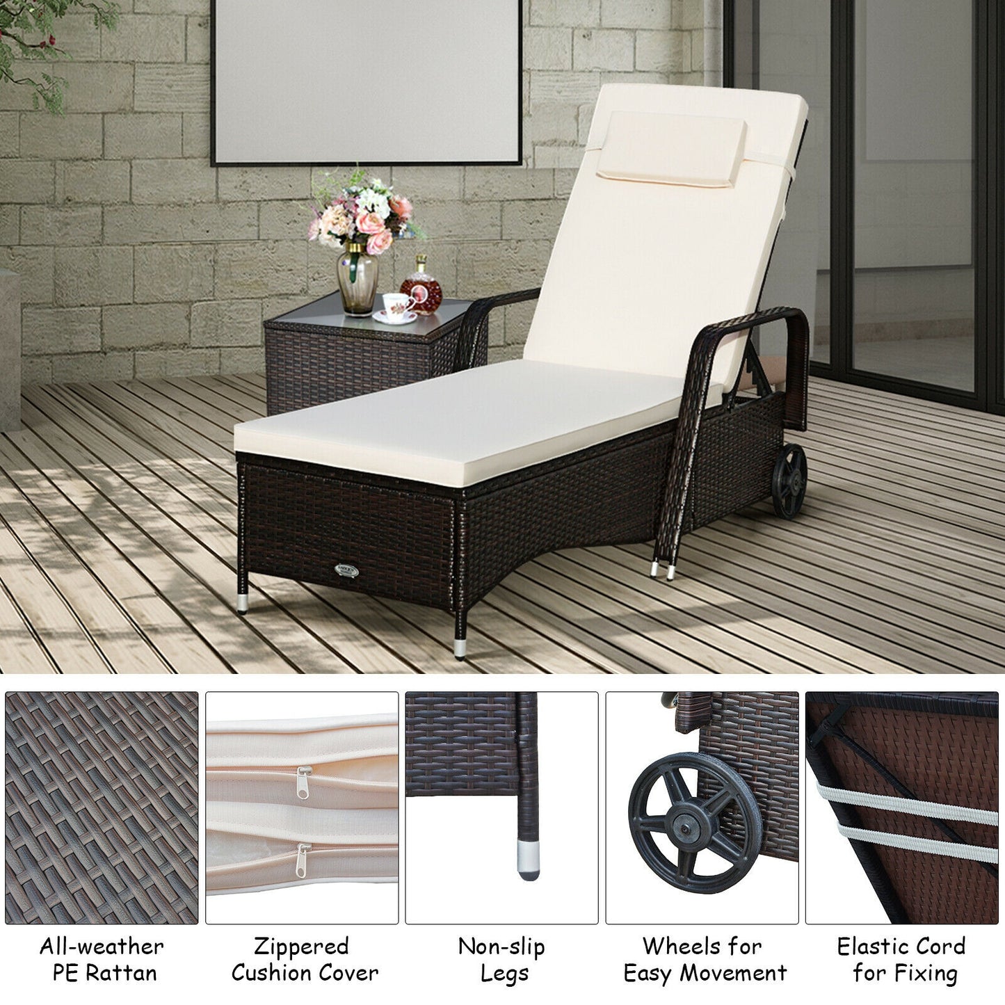 Adjustable Chaise Lounge with Cushion and Wheels