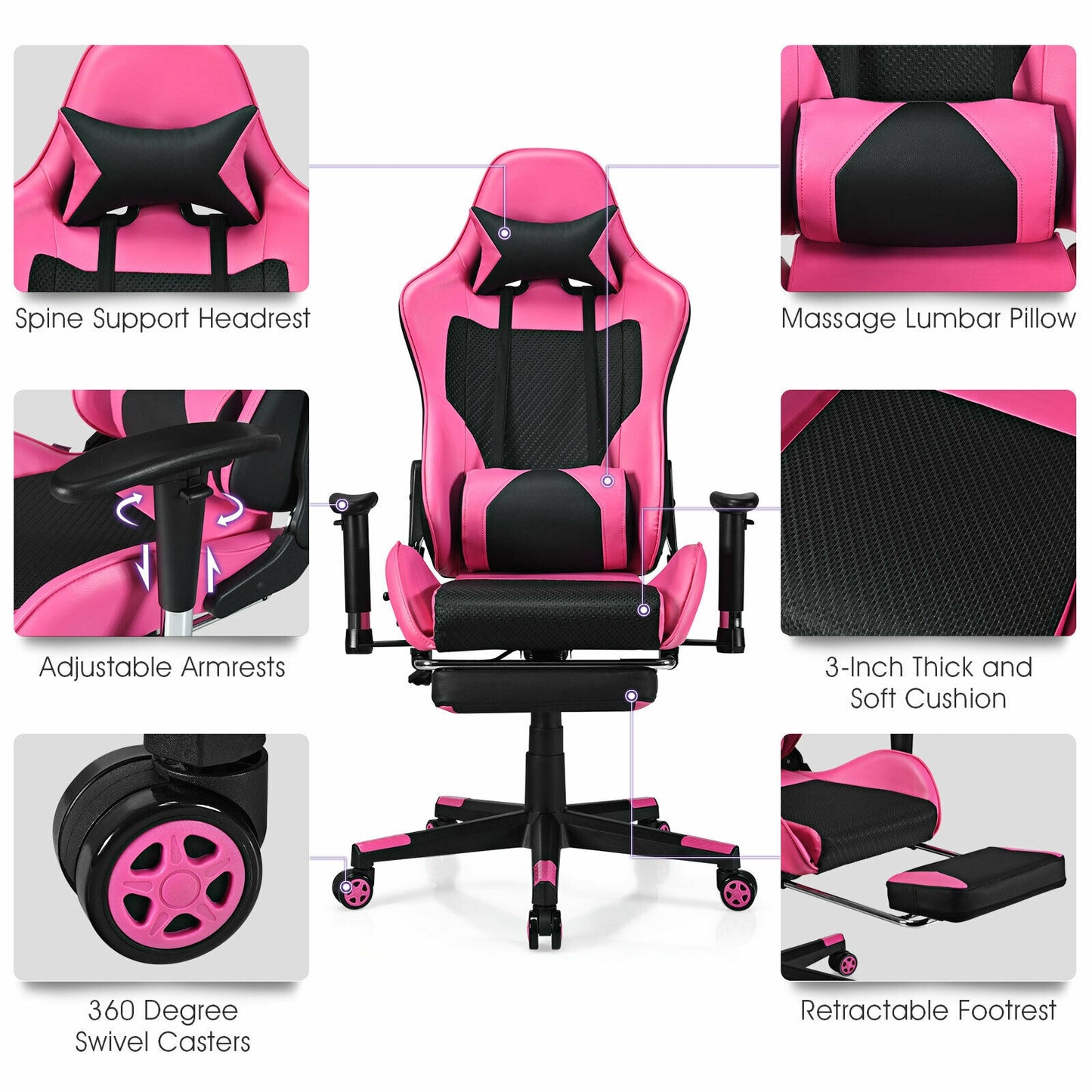 Gaming Chair with USB Massage Lumbar Support and Footrest