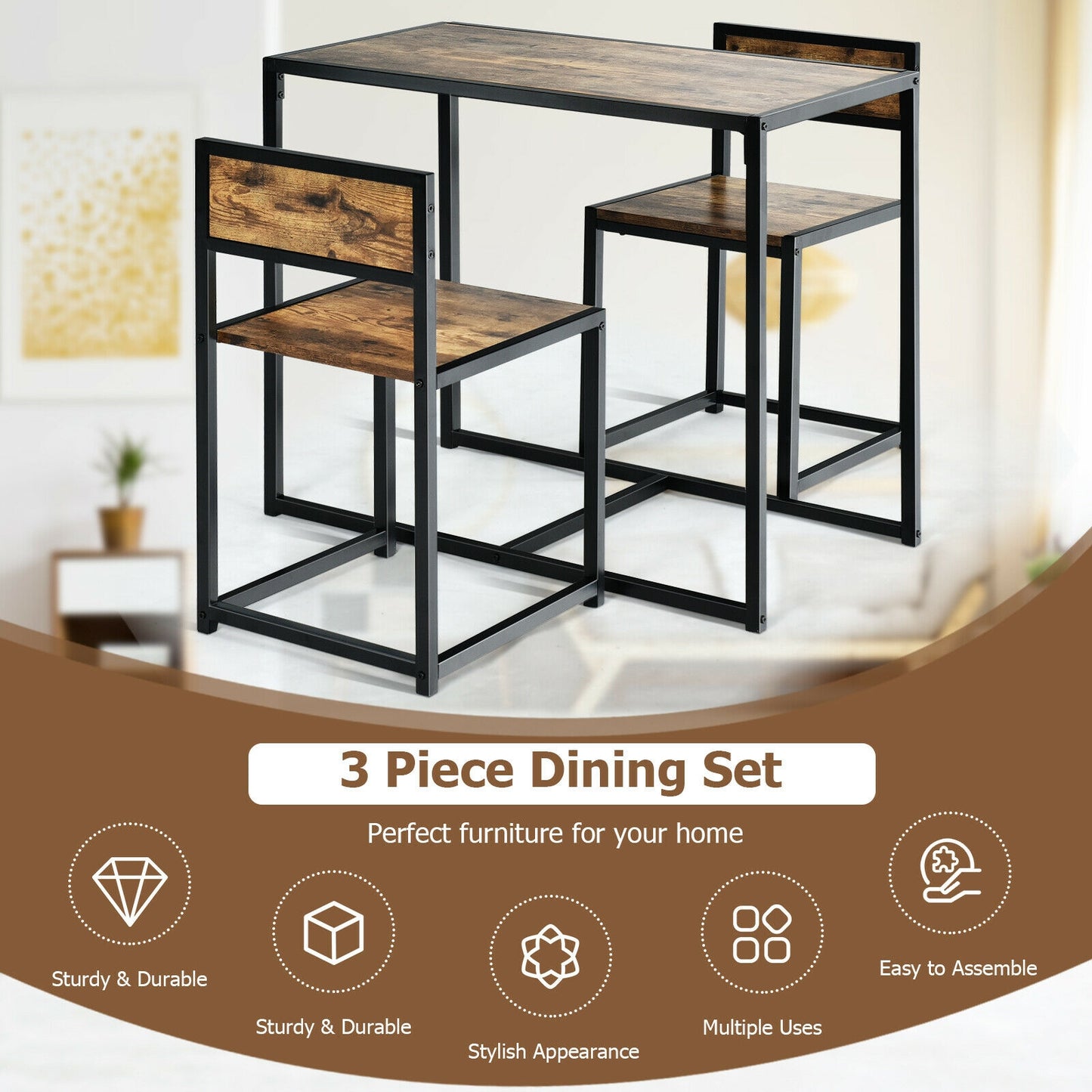 3-Piece Compact Dining Set with Metal Frame for Small Spaces