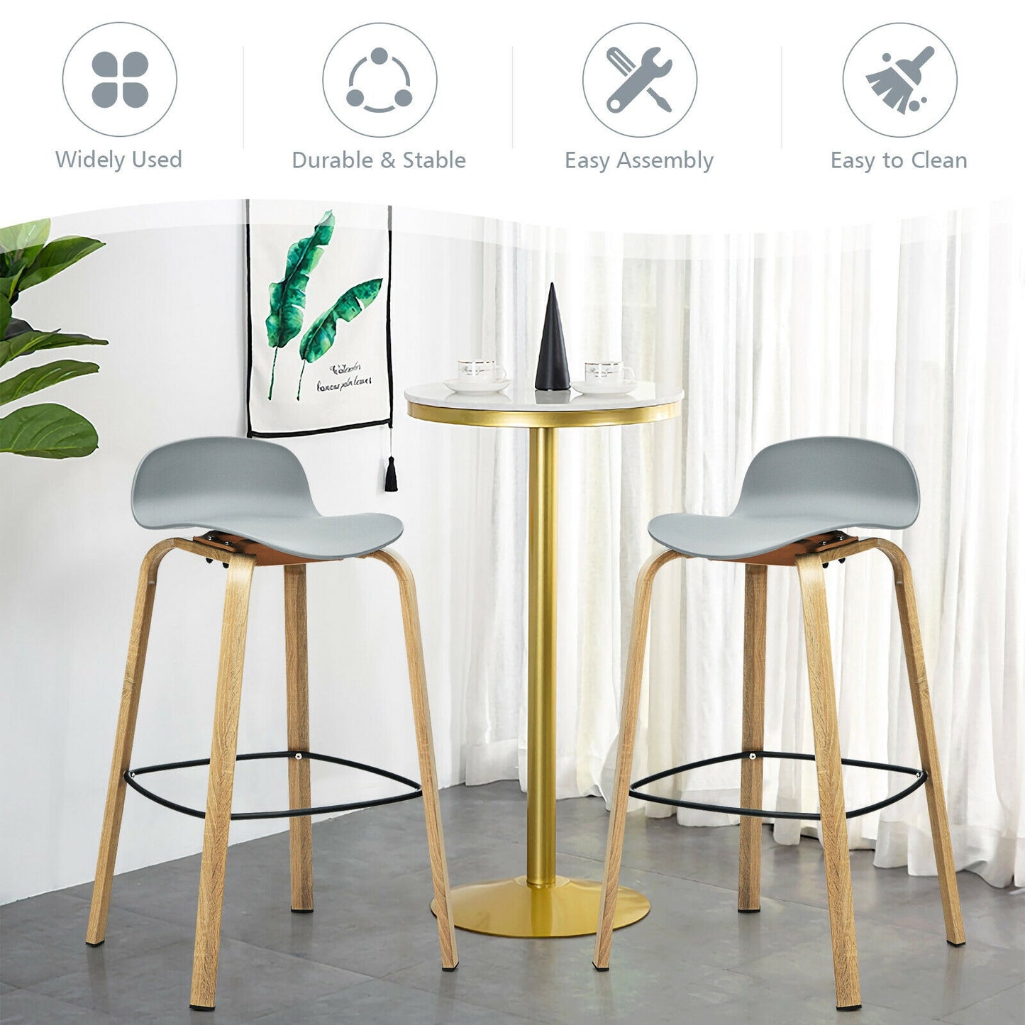 Modern Low Back Bar Stools Set of 2 with Metal Legs