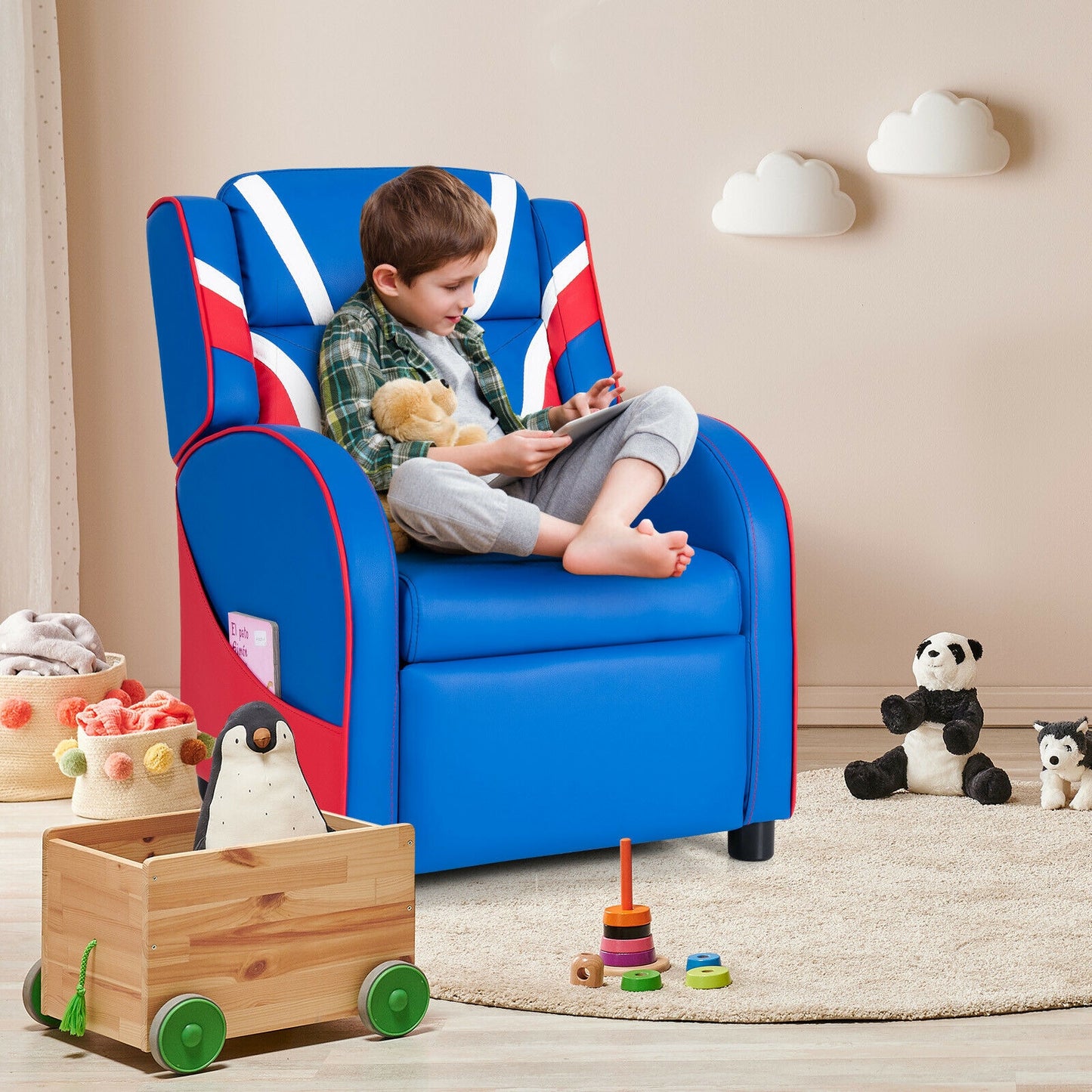 Kids Recliner Chair with Side Pockets - Adjustable Leather
