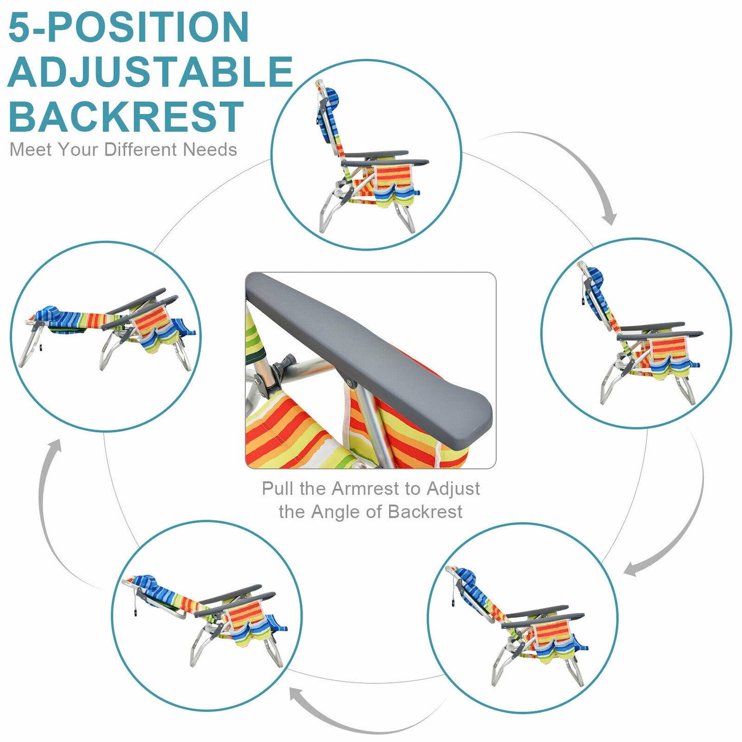 Folding Beach Chair 2-Pack with 5-Position Backrest & Pillow