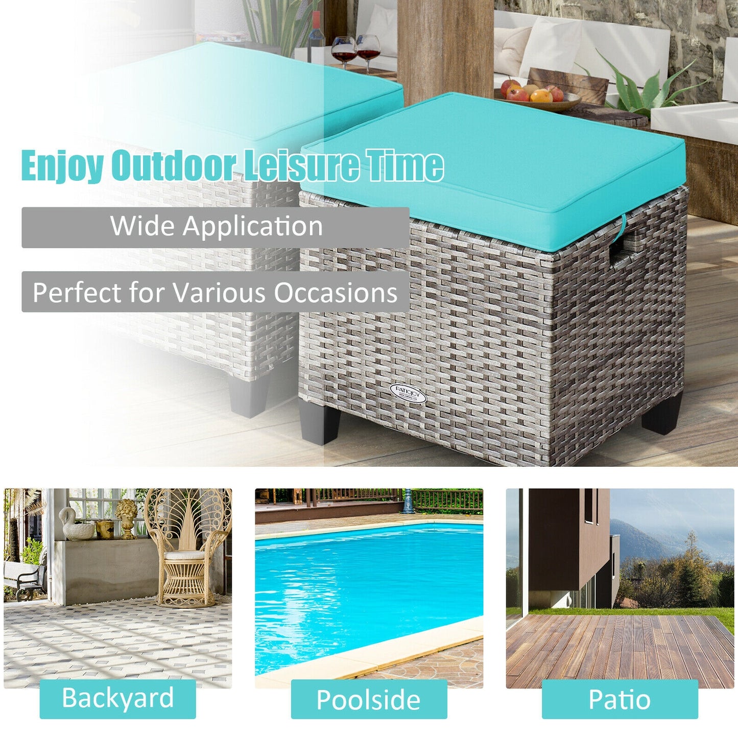 Patio Rattan Ottoman Set with Removable Cushions (2-Piece)