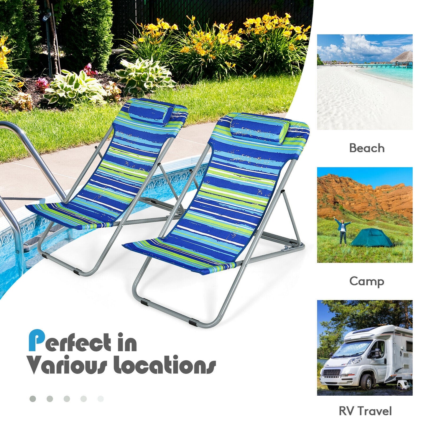 Portable Beach Chair Set of 2 with Adjustable Backrest