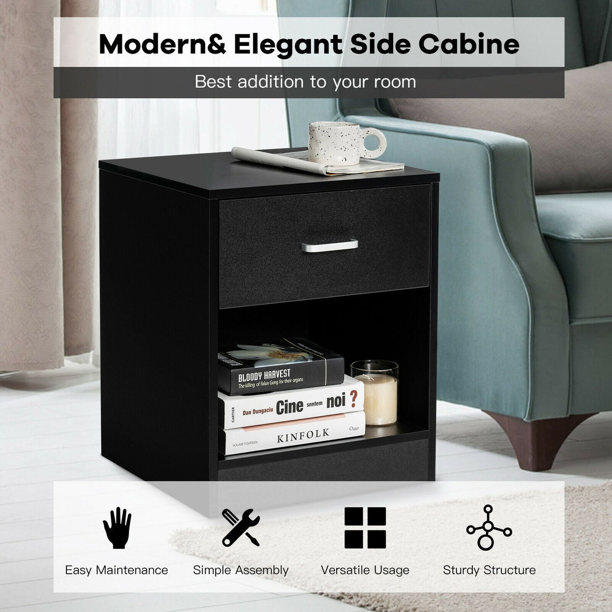 Modern Nightstand with Storage Drawer and Cabinet