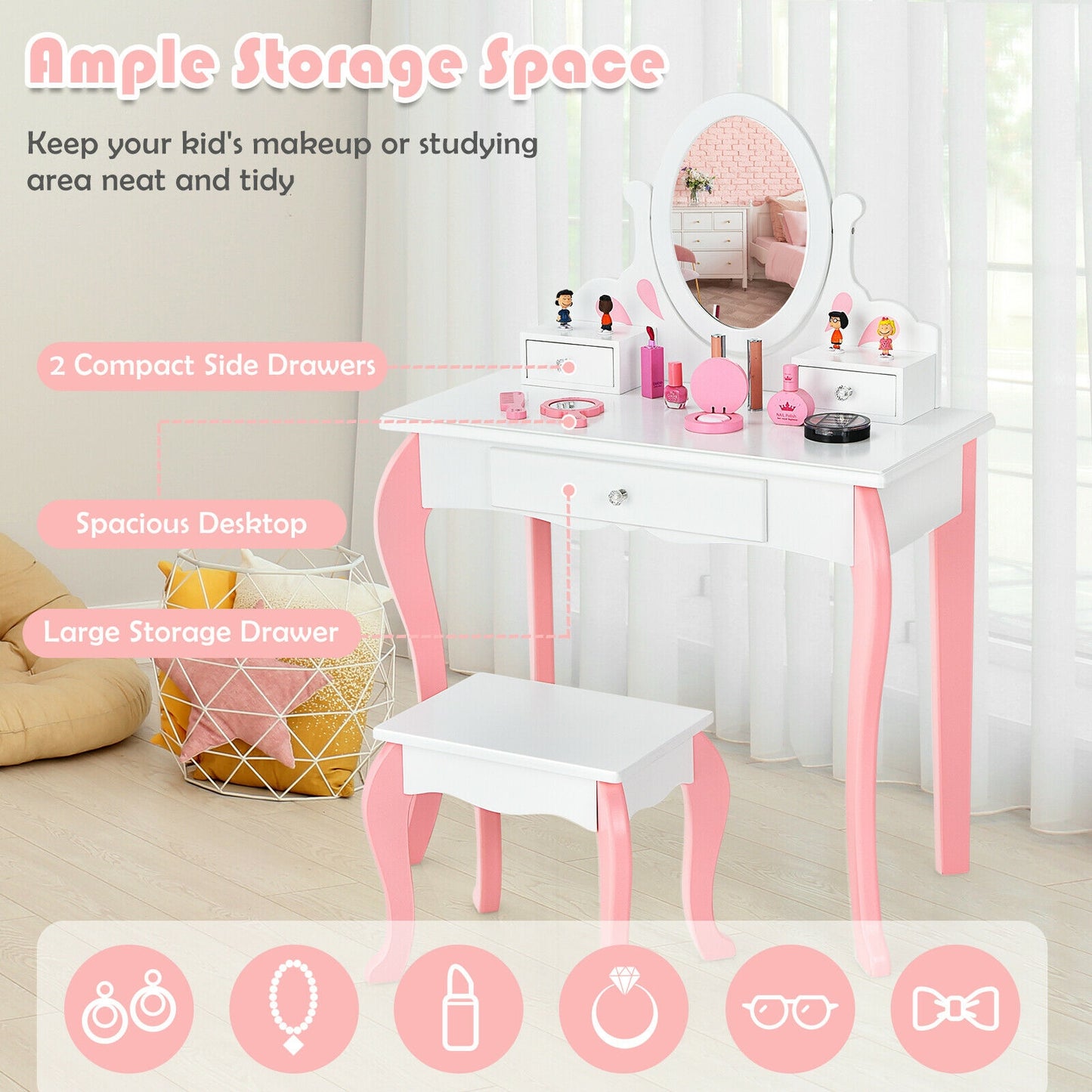 Kids Vanity Table Set with Mirror, Drawer & Stool - Pink