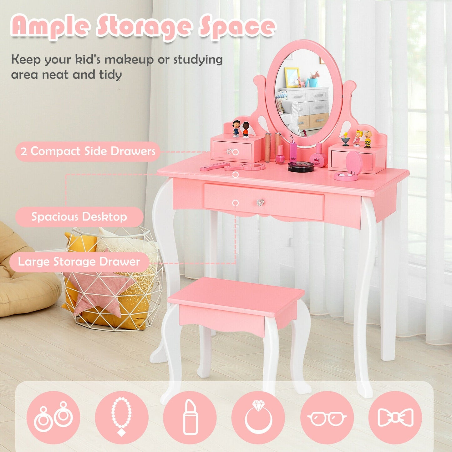 Kids Vanity Table Set with Mirror, Drawer & Stool - Pink