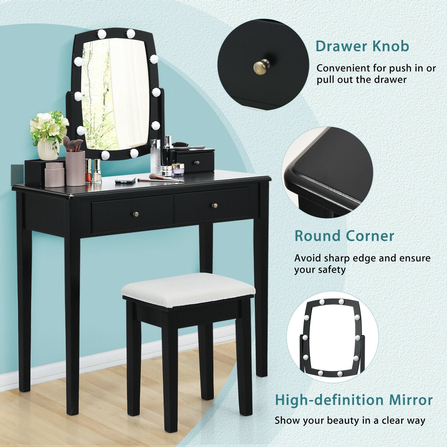Lighted Vanity Table Set with Mirror and Stool