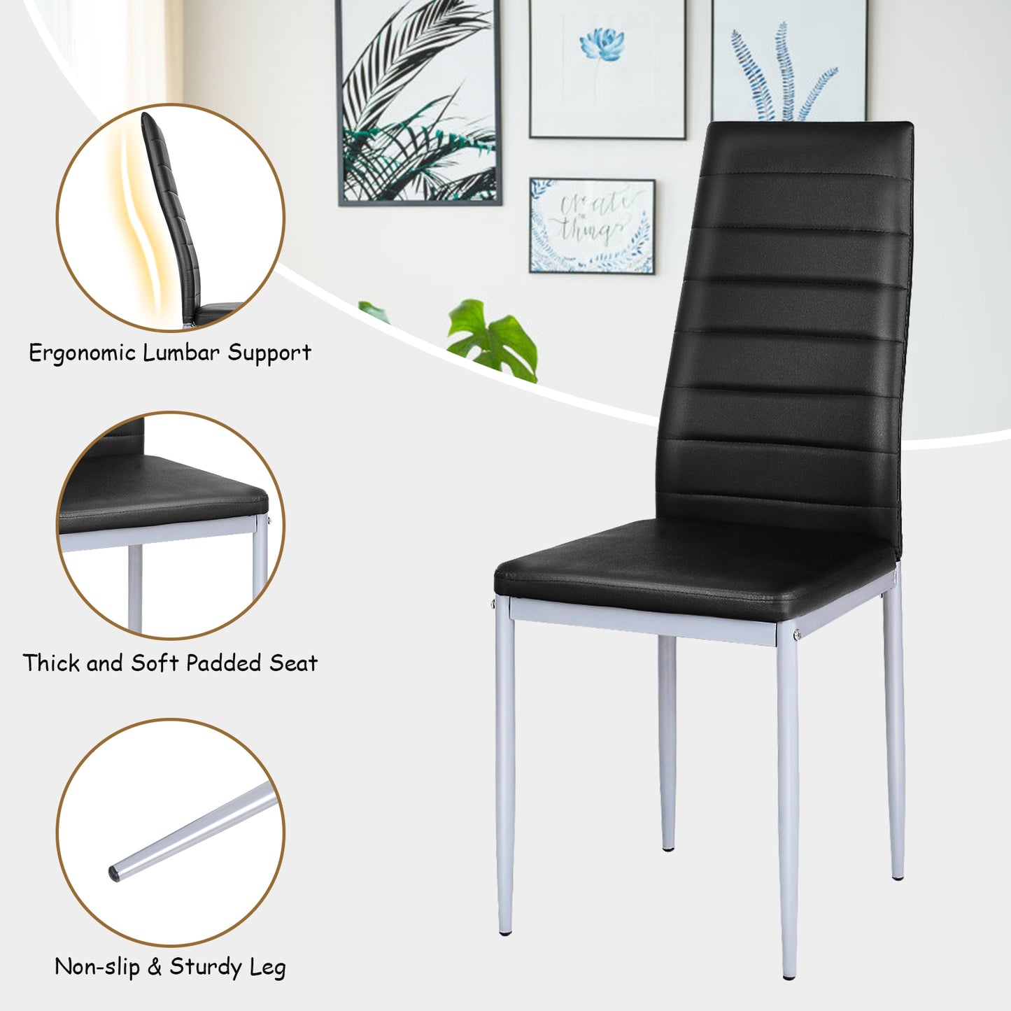 PVC Leather Dining Side Chairs Set of 4 - Black