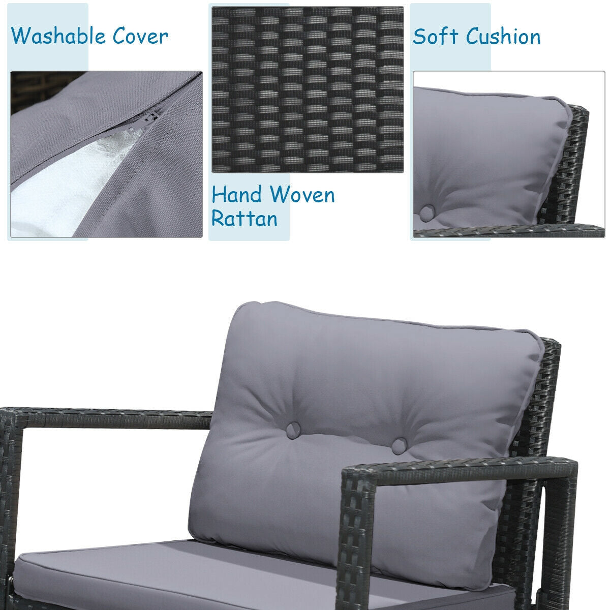 3-Piece Patio Rocking Chair Set with Cushions & Glass Table
