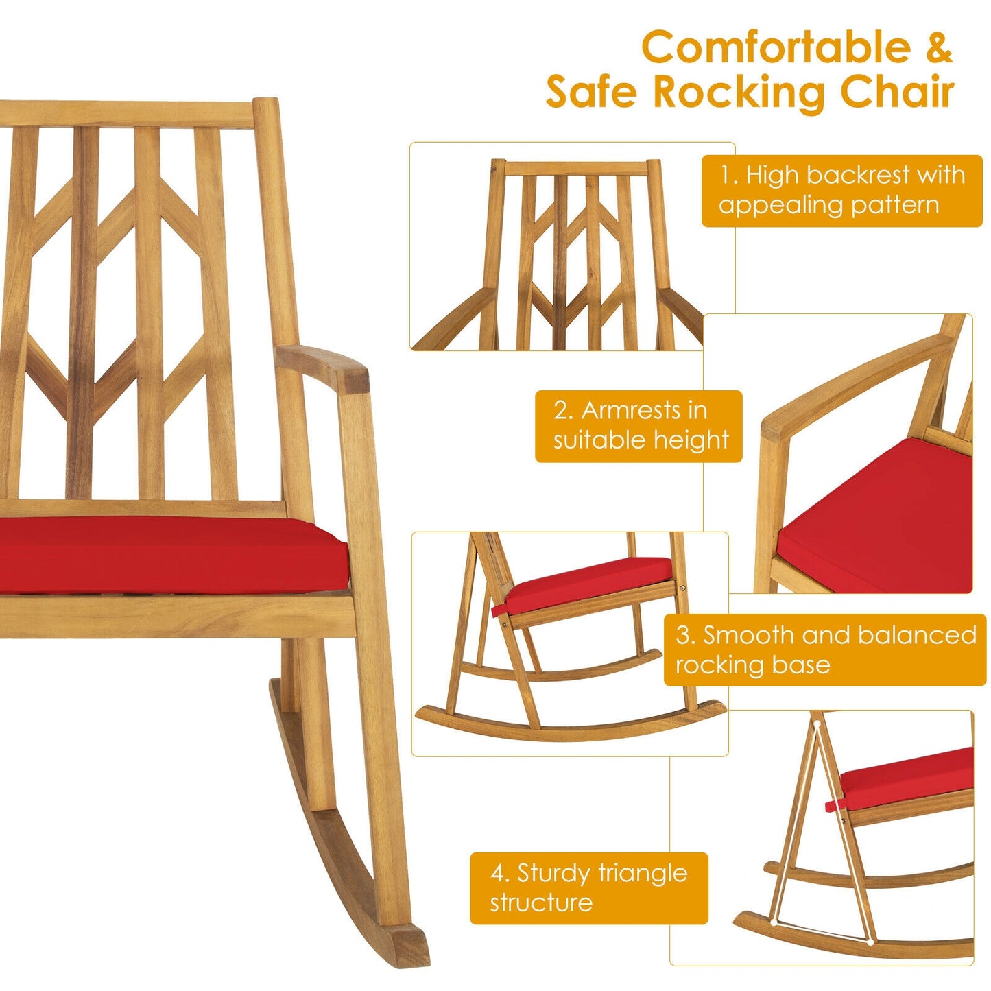 Acacia Wood Patio Rocking Chair with Cushion and Armrests