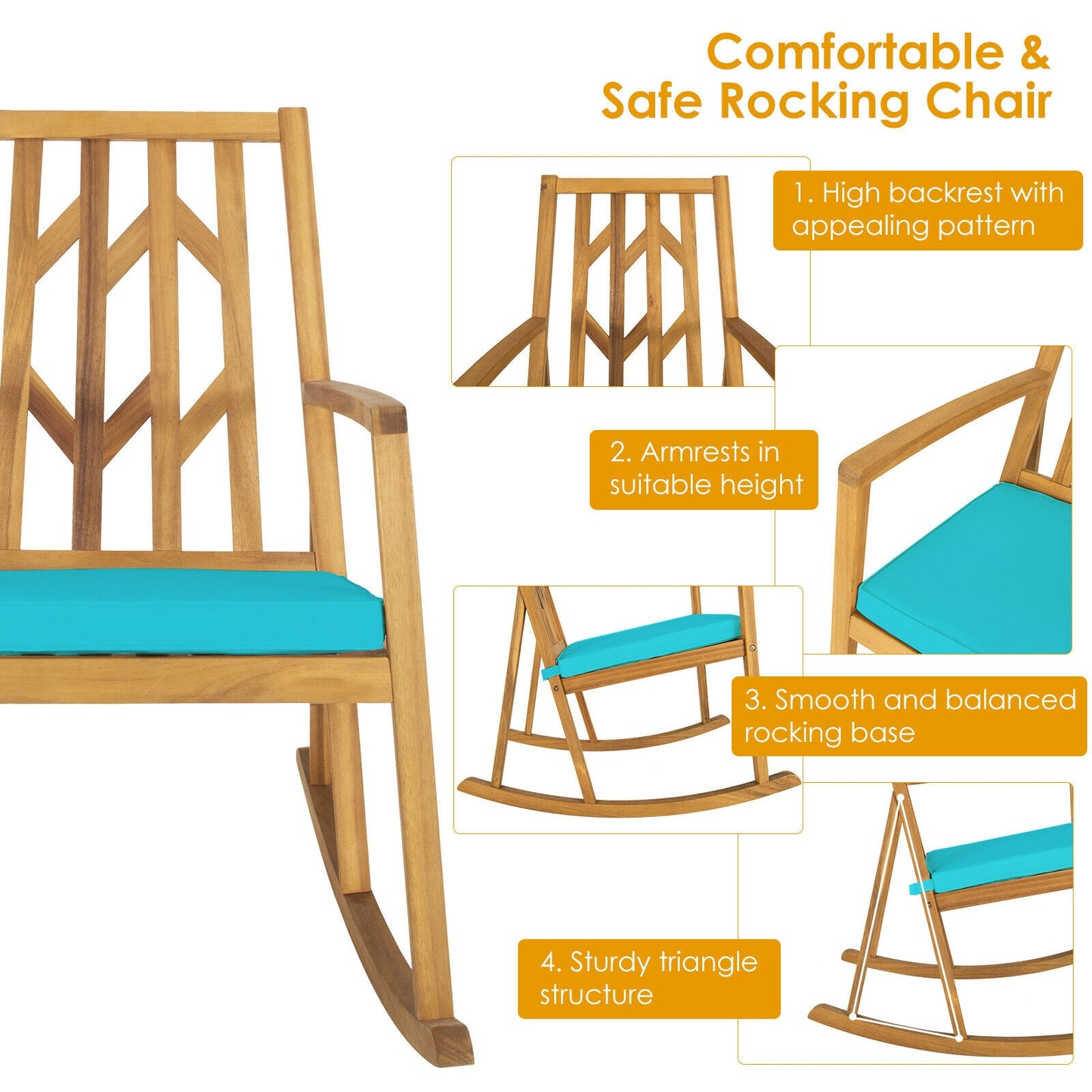 Acacia Wood Patio Rocking Chair with Cushion and Armrests