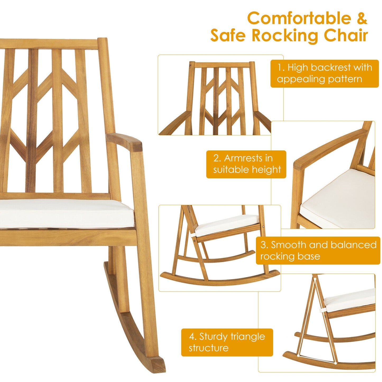 Acacia Wood Patio Rocking Chair with Cushion and Armrests