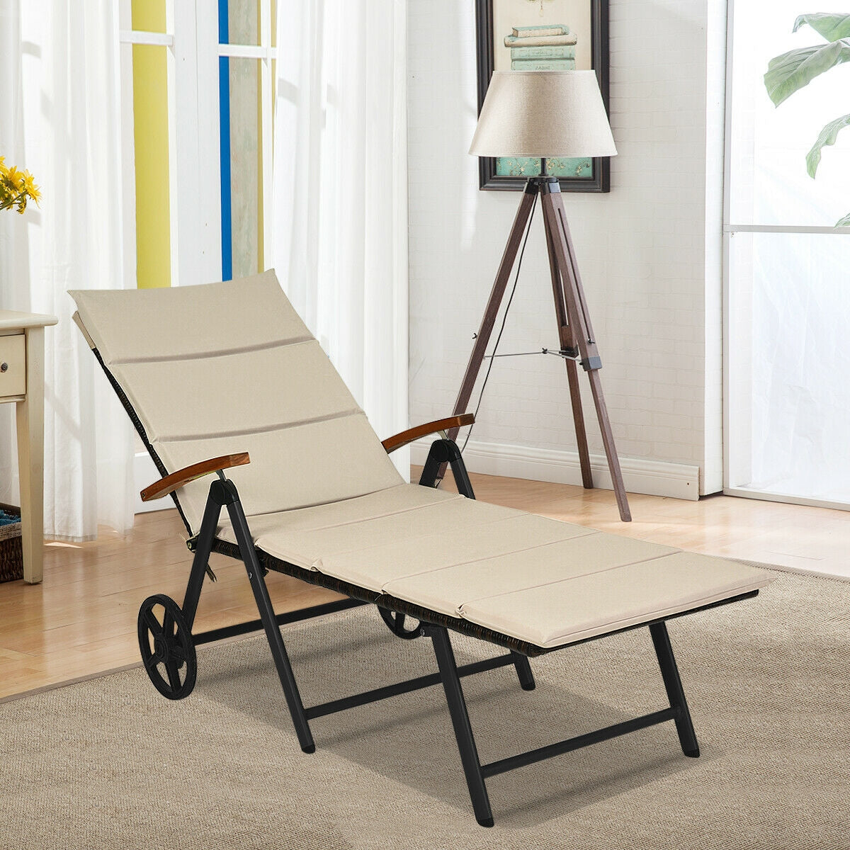 Adjustable Rattan Chaise Lounge Chair with Cushion