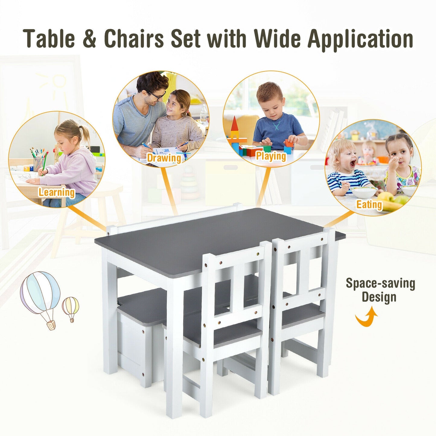 Kids Wooden Activity Table and Chairs Set with Storage Bench