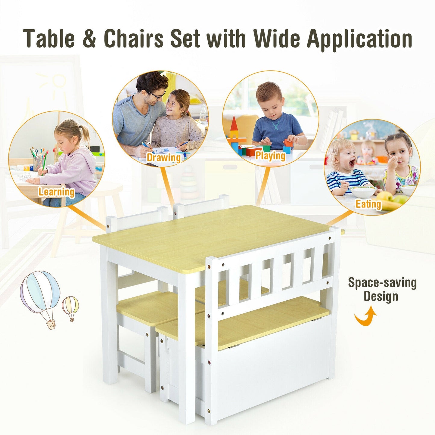Kids Wooden Activity Table and Chairs Set with Storage Bench