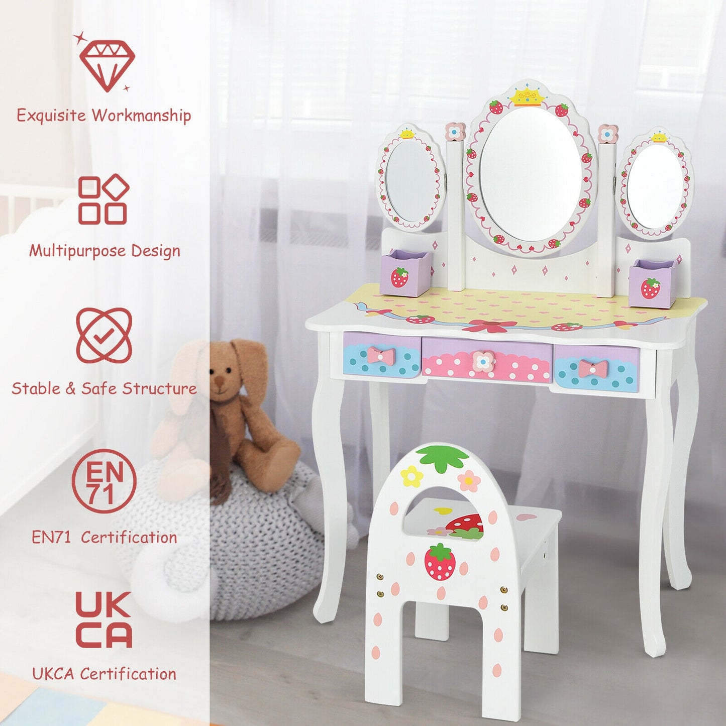 Kids Vanity Table Set with Tri-Fold Mirror and Chair