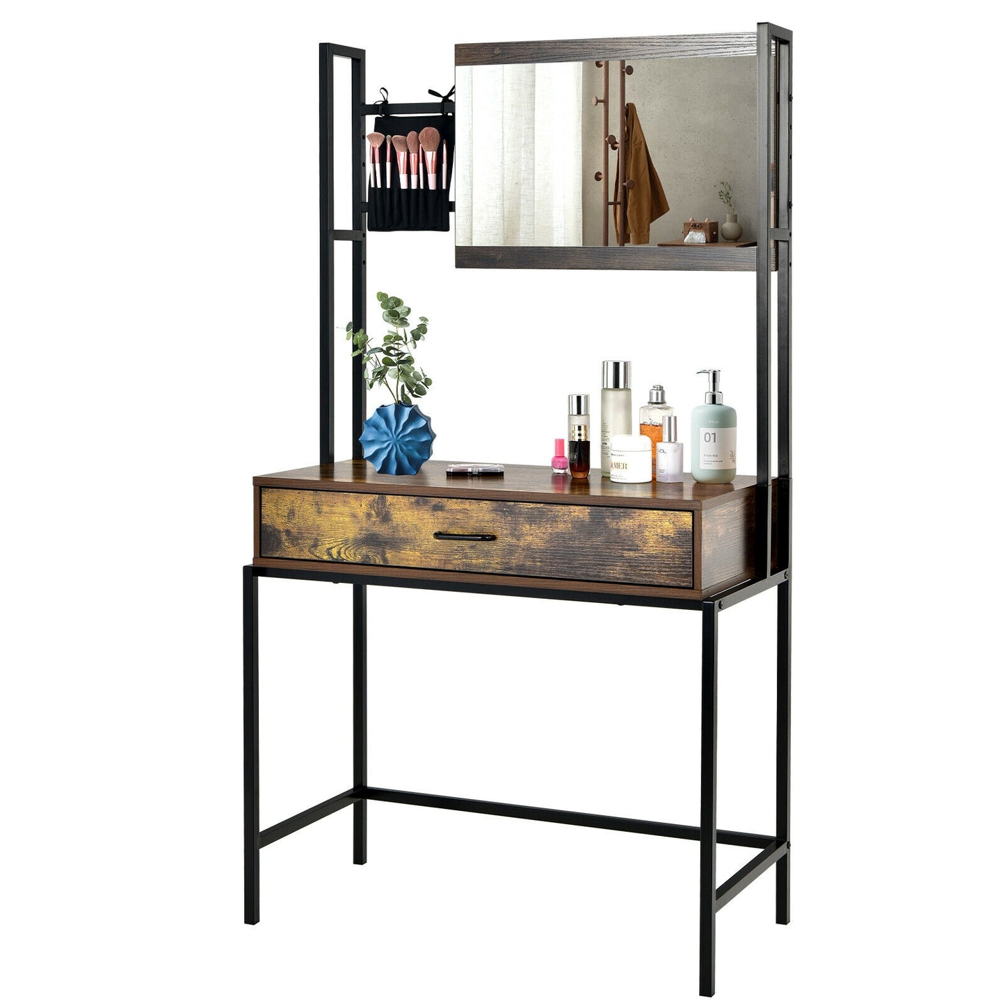 Industrial Vanity Table with 3-Height Adjustable Mirror