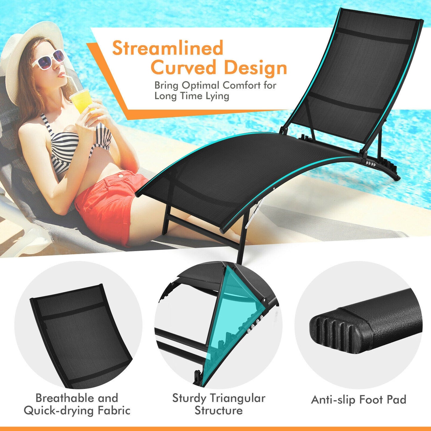 Folding Chaise Lounge Chairs Set of 2 with 5-Position Backrest