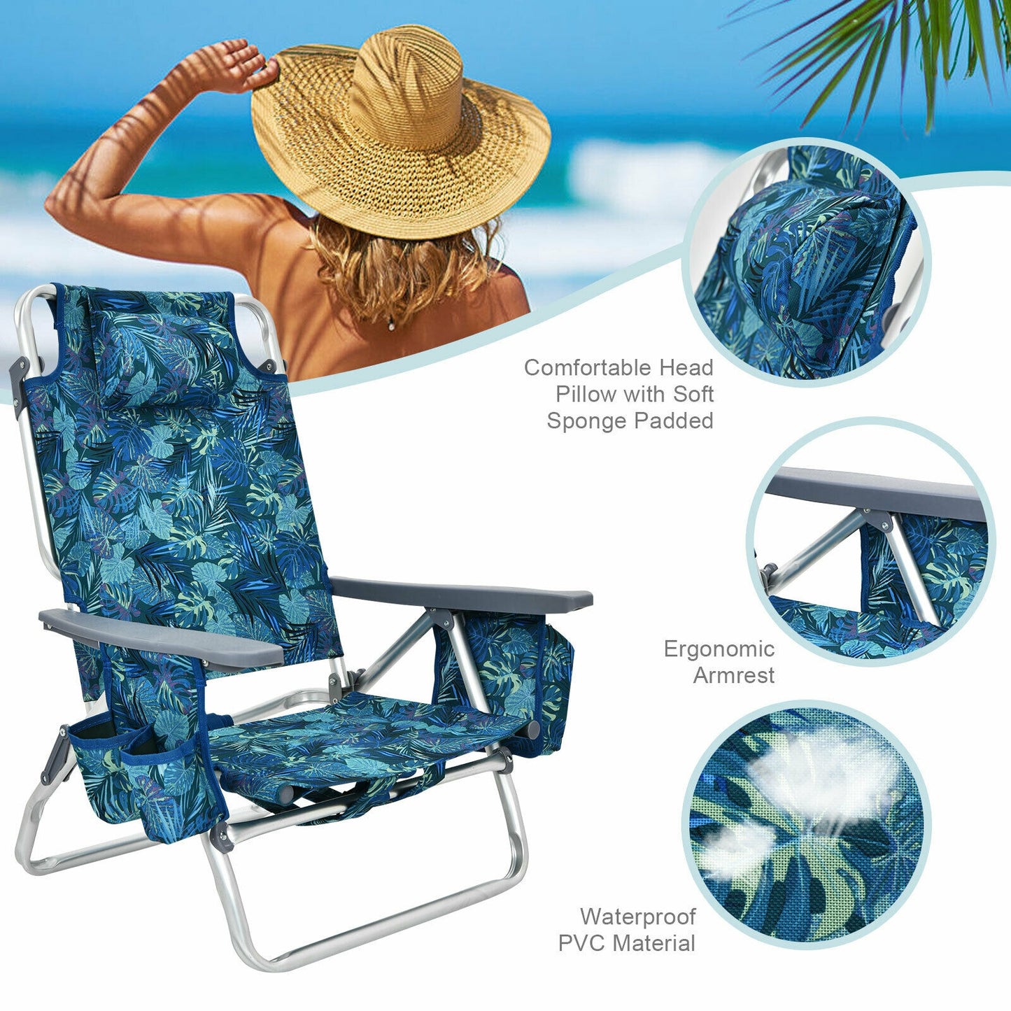 Folding Beach Chair 4-Pack with Adjustable Backrest & Pillow