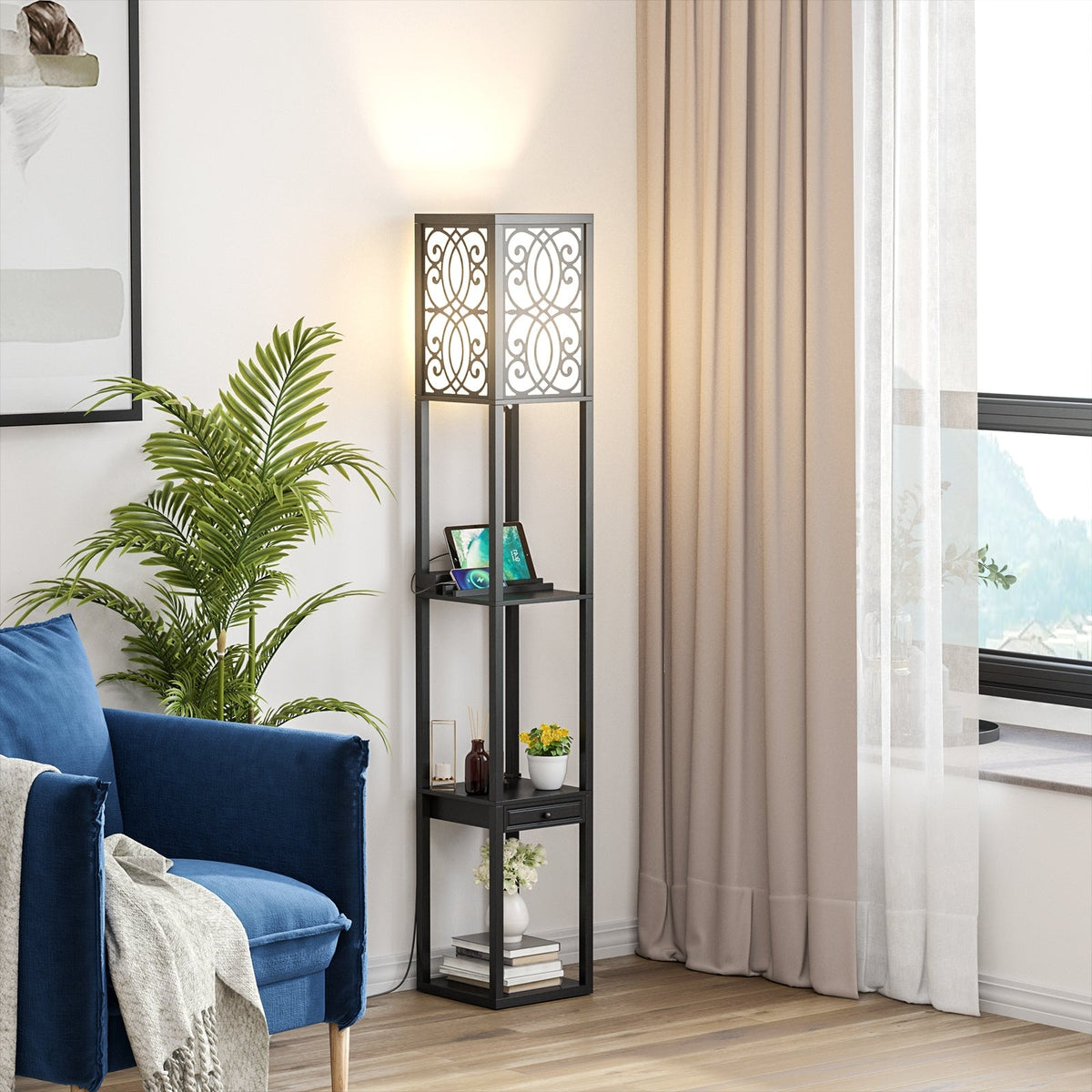 Modern Standing Shelf Lamp with 1 Power Outlet and 2 USB Ports