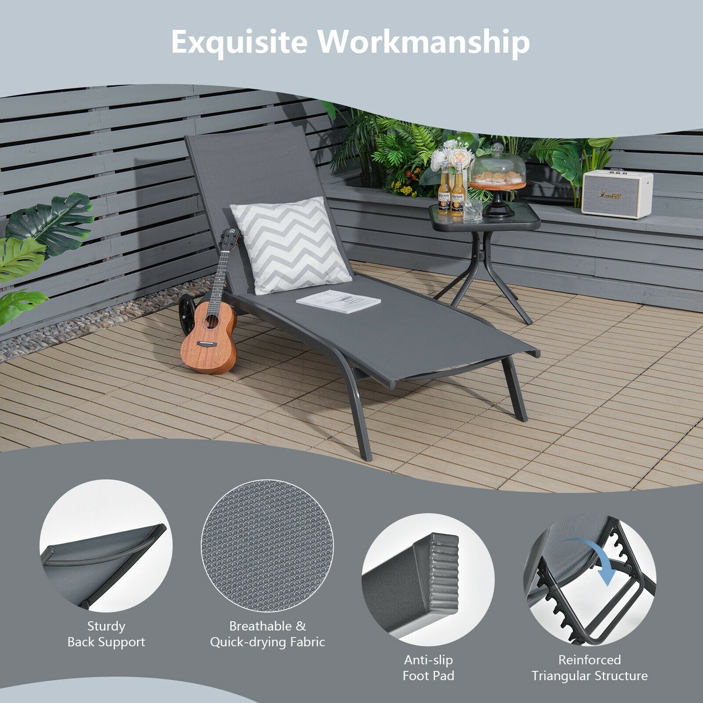 Adjustable Outdoor Chaise Lounge with Wheels - 6 Positions