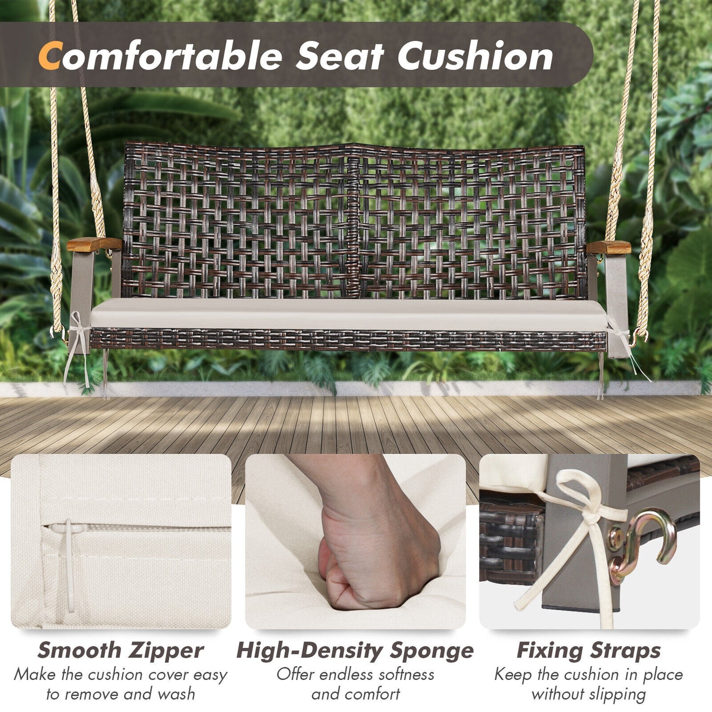 2-Person Rattan Porch Swing Chair with Cushion