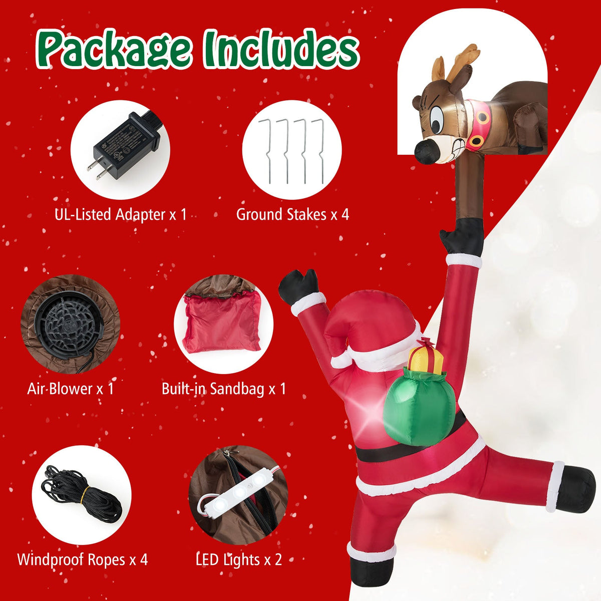 8.5 Feet Christmas Inflatable Reindeer and Climbing Santa Claus with Built-in LED Lights