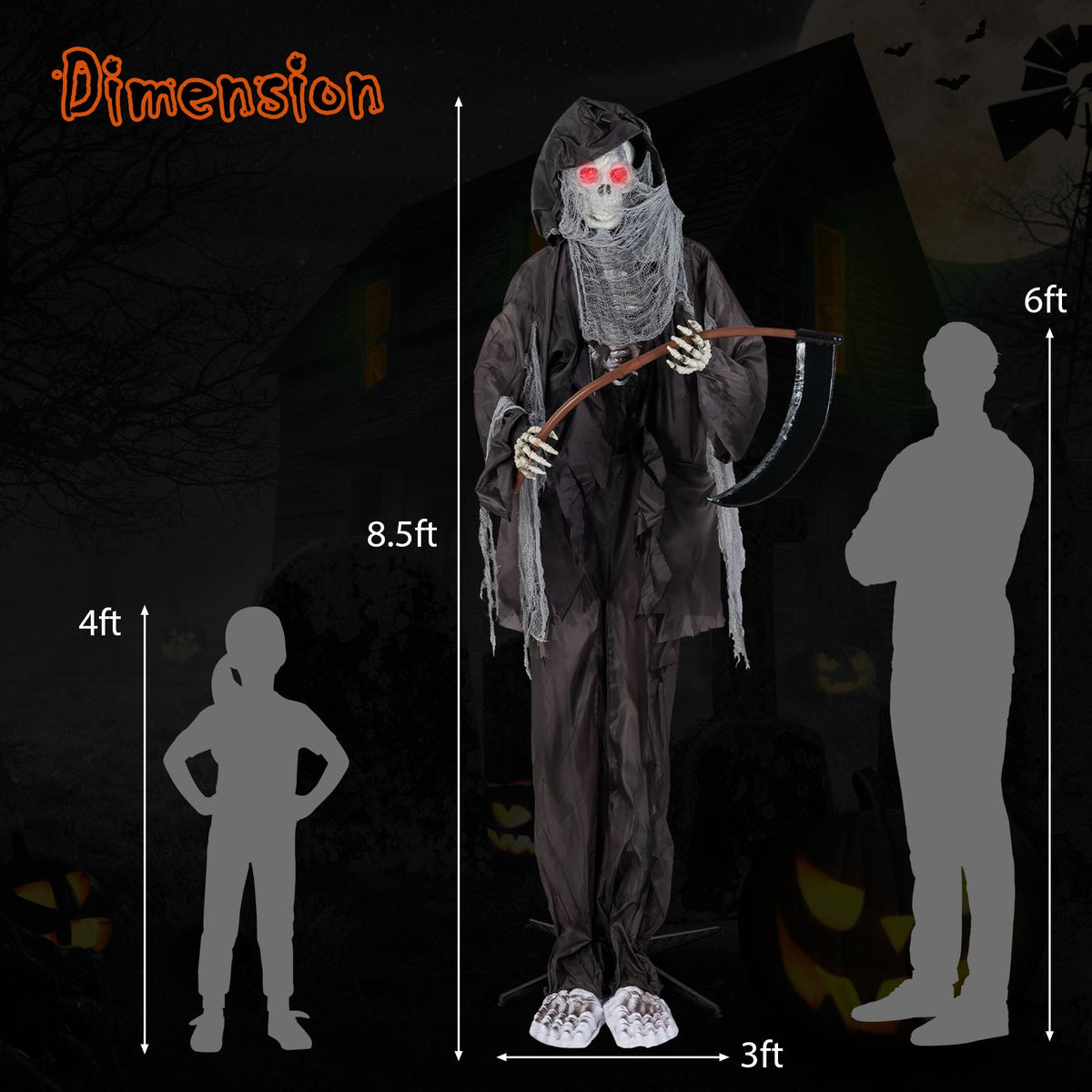 8.5 Feet Halloween Decoration Animated Standing Grim Reaper with Glowing Eyes