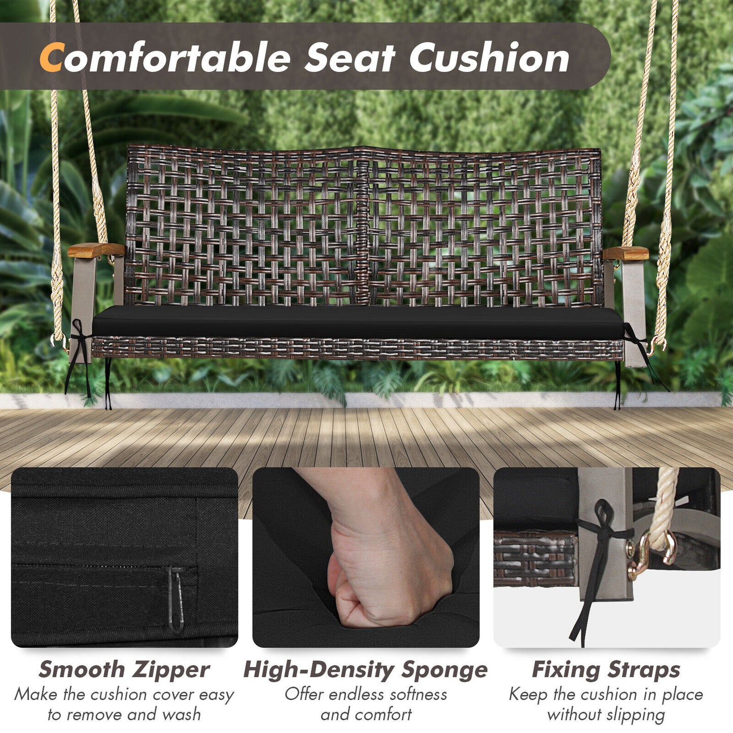 2-Person Rattan Porch Swing Chair with Cushion