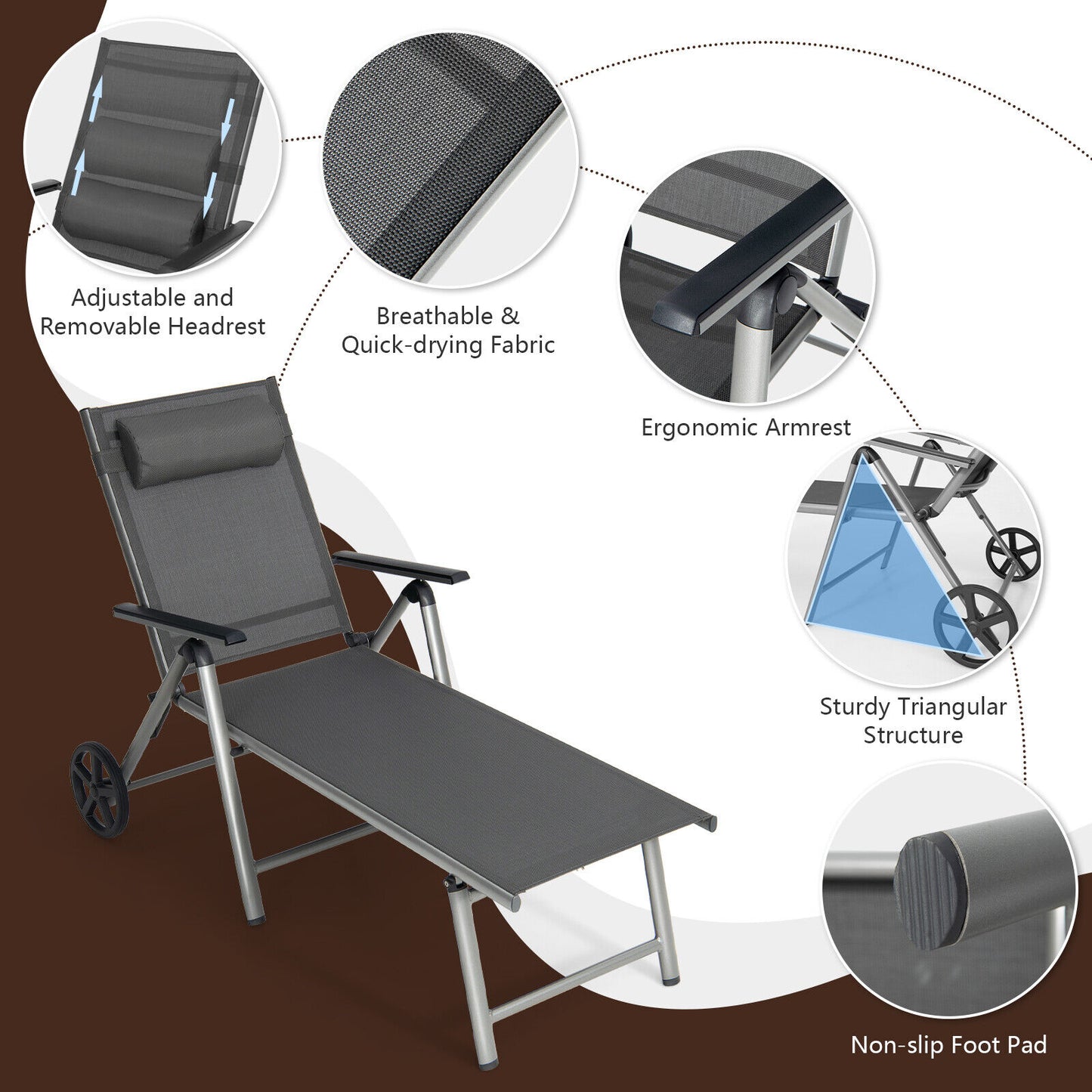 Adjustable Folding Chaise Lounge Chair with Wheels