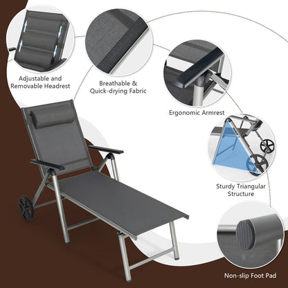 Adjustable Folding Chaise Lounge Chair with Wheels