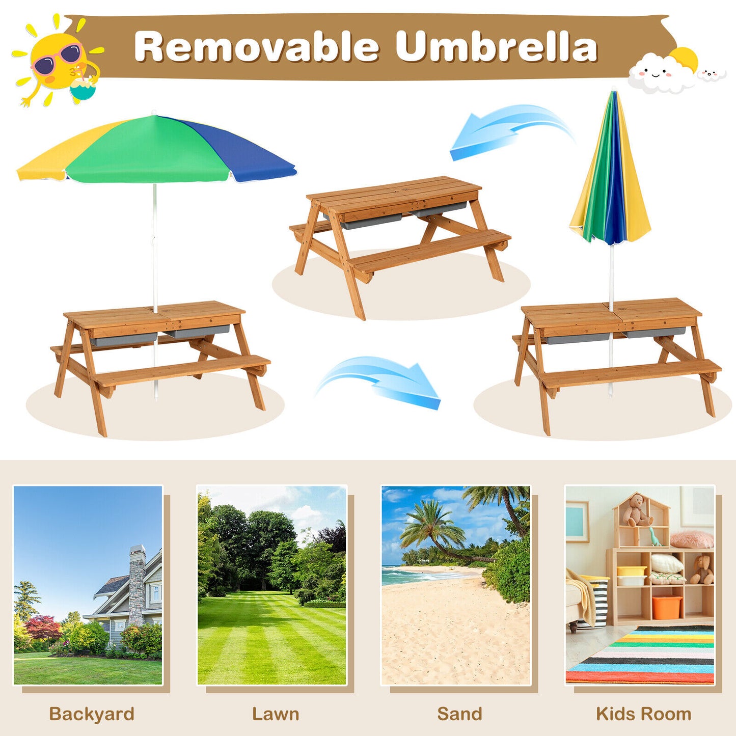 Kids Outdoor Picnic Table with Umbrella and Sand Water Play